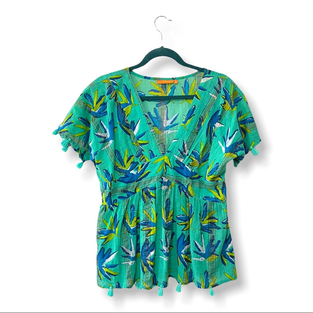 Oliphant Tropicana Print Aqua Blue V Neck Tassel Blouse